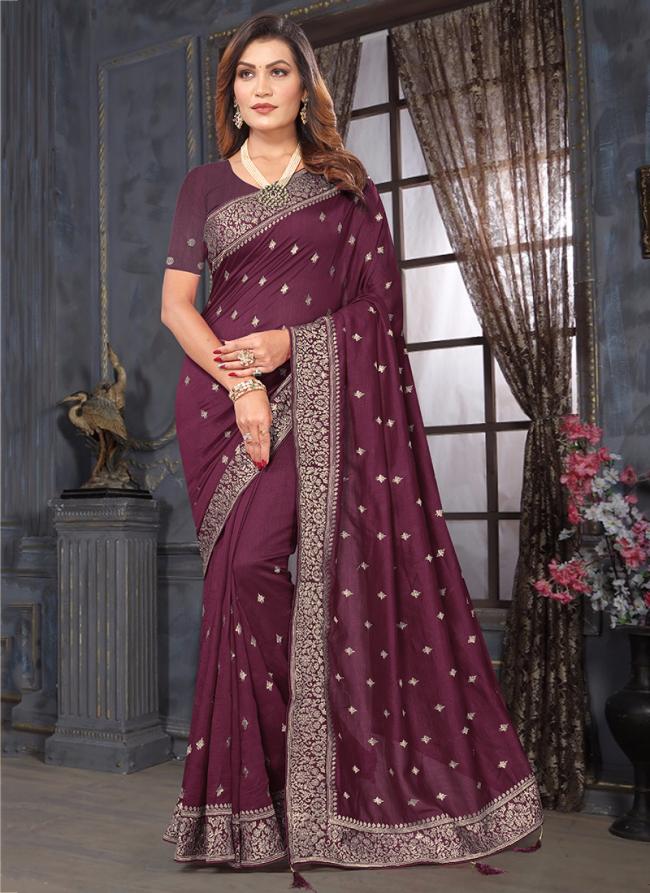 Vichitra Wine Wedding Wear Embroidery Work Saree